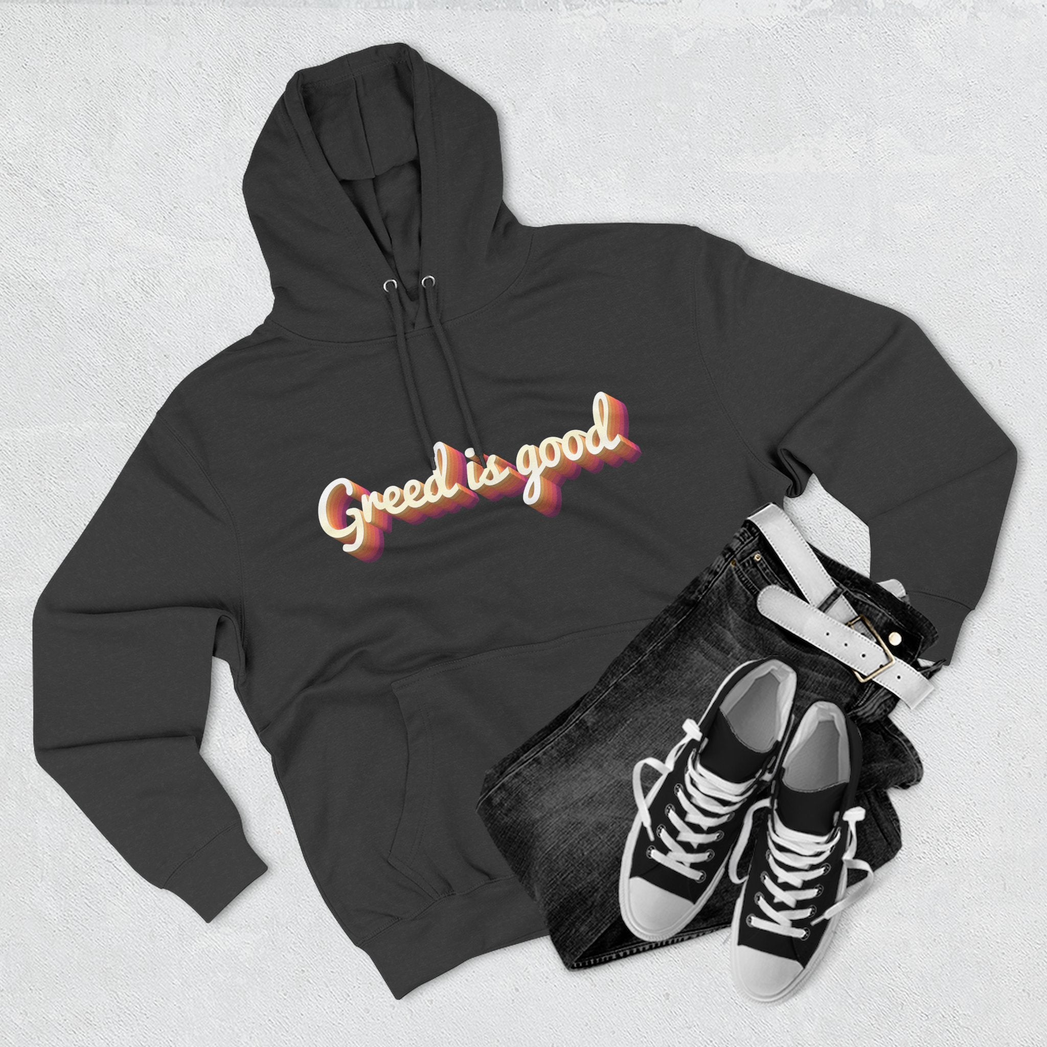 Greed Is Good Retro Hoodie — Vintage Script Graphic Pullover