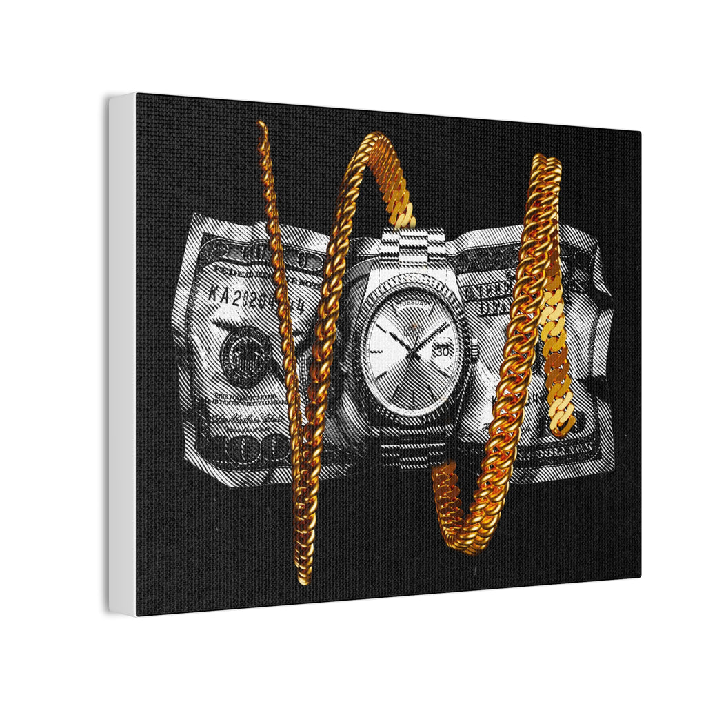 Canvas Wall Art — Money and Watch Black & White Luxury Print