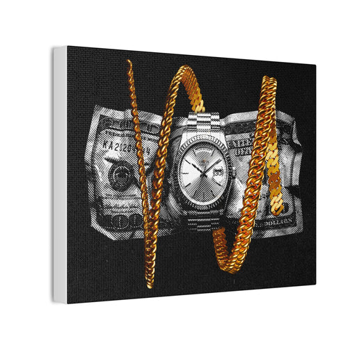 Canvas Wall Art — Money and Watch Black & White Luxury Print