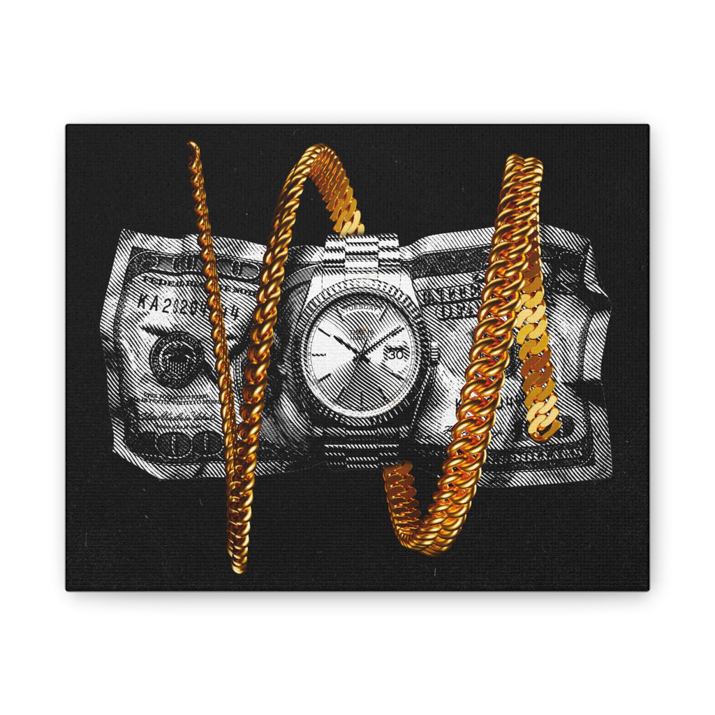 Canvas Wall Art — Money and Watch Black & White Luxury Print